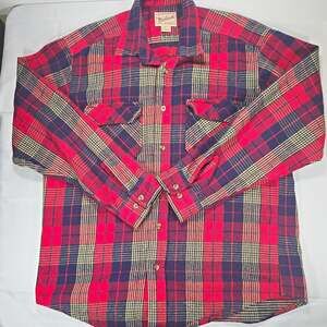 Vintage Woolrich Brawny Flannel Shirt Mens Large Red Blue Plaid Heavy Cotton